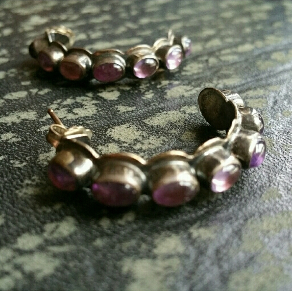 Vintage 90s Amethyst Inlay Half Hoop Earrings - Picture 1 of 4